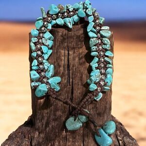 Natural Raw Turquoise Gemstone Beaded Handmade Boho Bracelet 8” Strength Chakra